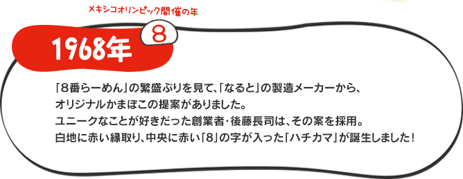 赤巻を仕入れていた黄木かまぼこ様が「ハチカマ」を提案。創業者の後藤長司もそのインパクト、ユニークさを気に入り採用。白地に赤い８の字、当時はそのまわりに赤い縁取りのある「ハチカマ」だった。