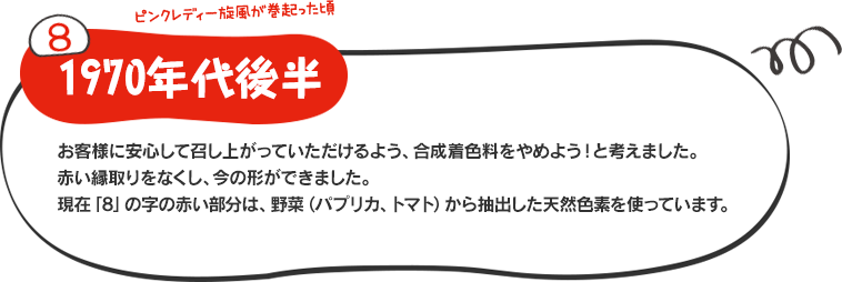 合成着色料が体に良くないという風潮があり、赤い縁取りをなくし、現在とほぼ同じ形になる。現在、この赤い部分は野菜（パプリカ、トマト）から抽出した天然色素である。